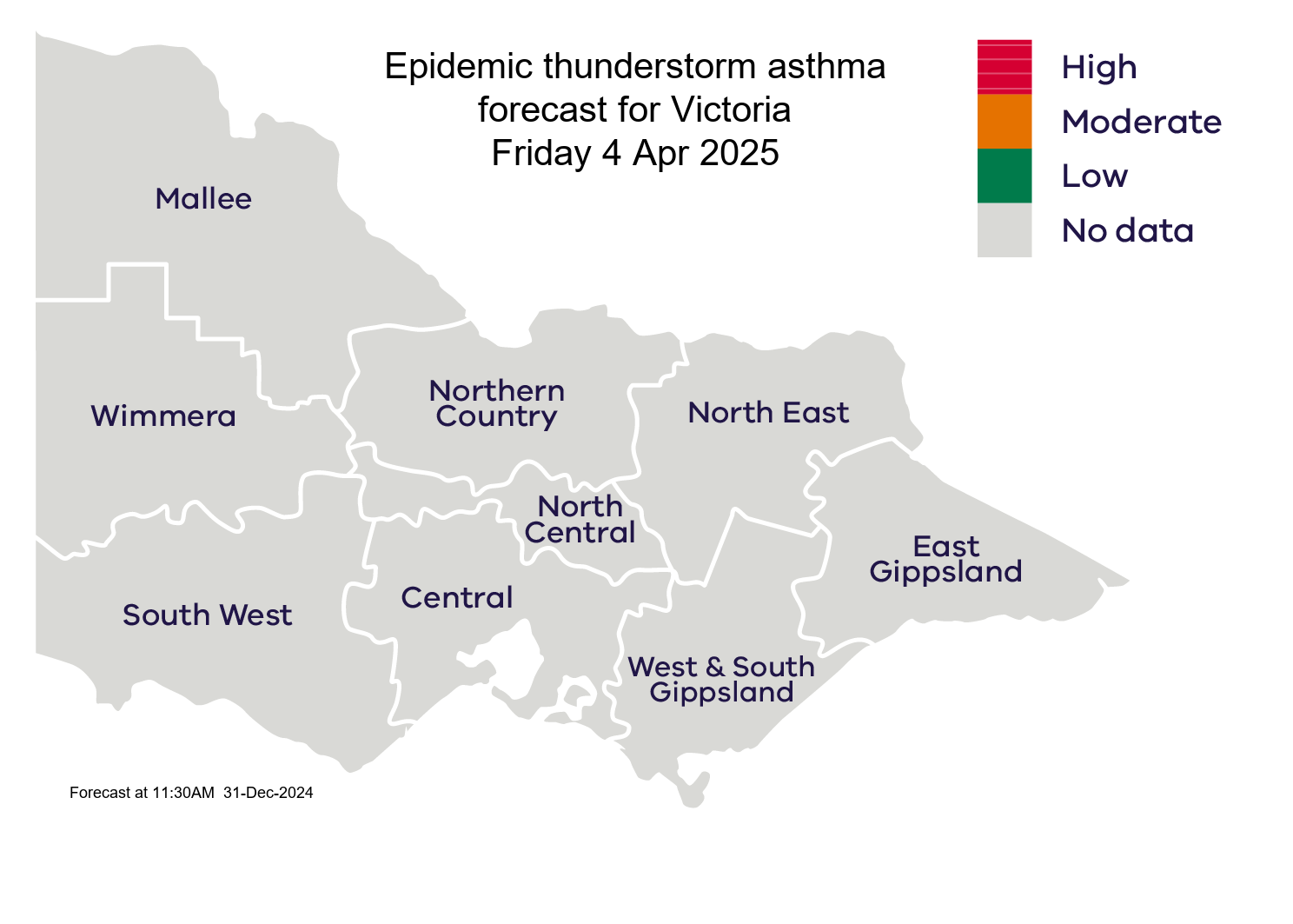 Map of Victorian weather districts and the status for today. These details are available in the table above or at emergency.vic.gov.au